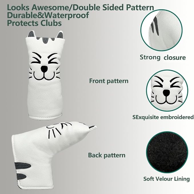 Golf Kitty Head Cover Golf Club White Leather Headcovers 1pc/4pcs Set Fits Driver Fairway Wood Hybrid Utility Putter Iron Wedge Headcover.