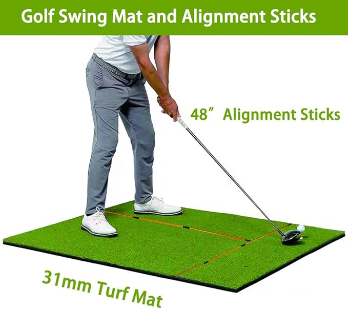 Golf Hitting Mat Thicker Rubber Bottom-5×4ft with Alignment Sticks、Foam Balls and Rubber Tees, for Outdoor Backyard Driving Swing Chipping Indoor Simulators
