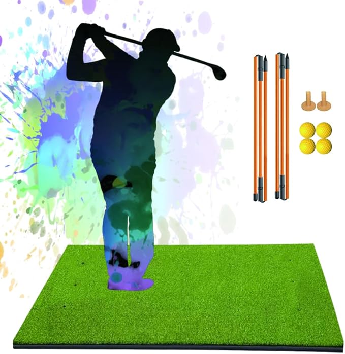 Golf Hitting Mat Thicker Rubber Bottom-5×4ft with Alignment Sticks、Foam Balls and Rubber Tees, for Outdoor Backyard Driving Swing Chipping Indoor Simulators