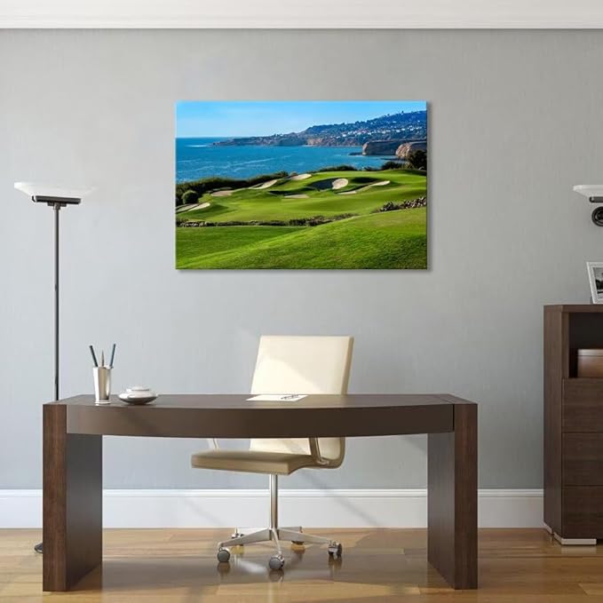 California Coastal Golf Course Wall Art for Living Room Bedroom Bathroom Home Decorations Coastal Golf Course Picture Poster Framed Artwork Canvas Prints Ready to Hang(12''H x 16''W)