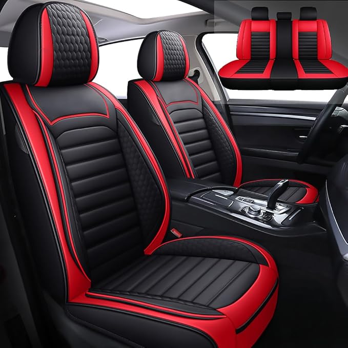 Leather Car Seat Covers for Volkswagen Golf 2001-2021,Car Seat Covers Full Set,Seat Covers with Safety,Waterproof Seat Cover Compatible Airbag(5pcs Black&Red Bars Standard)