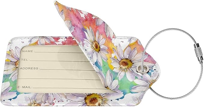 Colorful Daisy Flower Luggage Tags Suitcase Tag Privacy Name ID Card Spring Floral Travel Bag Labels with Stainless Steel Loop for Women Men Girls Set of 2