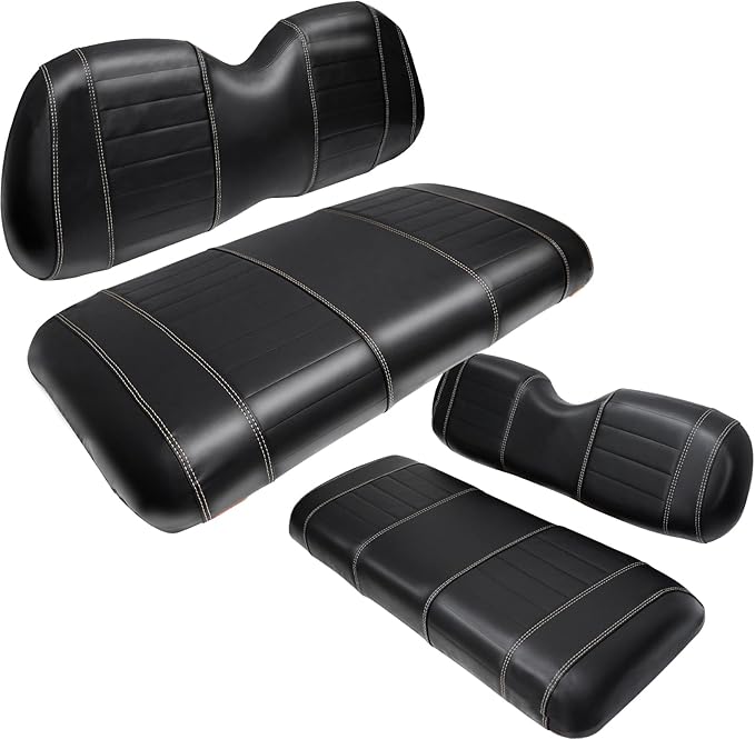Golf Cart Seat Covers fits Club Car Precedent/DS/EZGO RXV/TXT/Yamaha Front Rear Seat Cushion，Black Leather Custom Stripe Soft Comfortable/Anti-Scratch/Easy to Clean