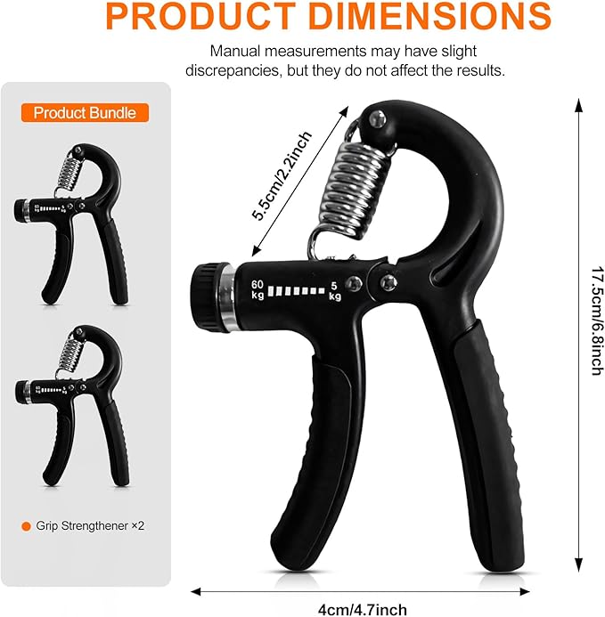 Adjustable Hand Grip Strengthener, 5-60 kg Resistance Range, Multiple Exercise Methods, Black, Set of 2