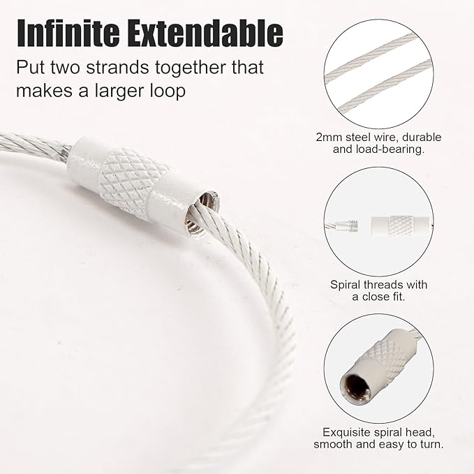 20pcs Stainless Steel Wire Keychains Aircraft Cable Cable Key Ring for Hanging ID Tags or Luggage Tags,6.3 inch 2mm(20 PCS White)