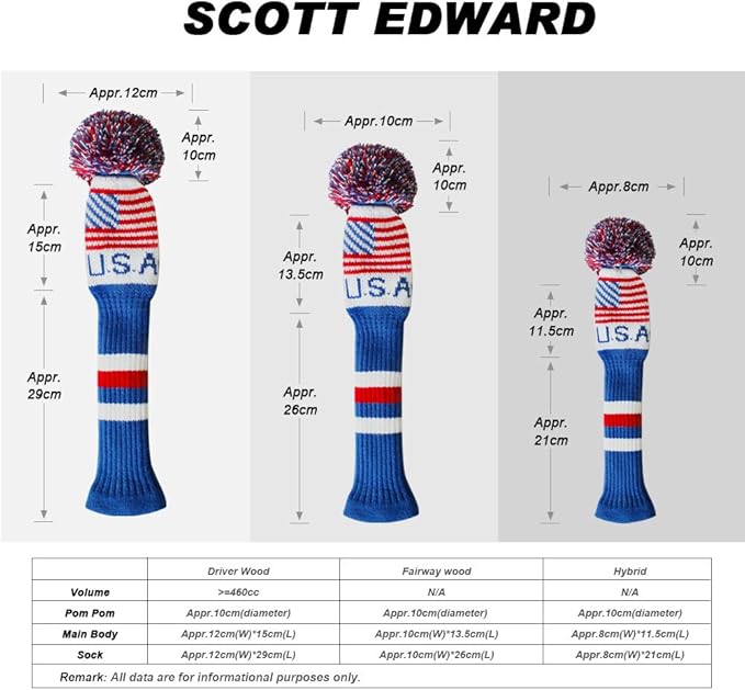 Scott Edward Knit Wood Golf Club Head Covers 4 Pieces Knitted Item Fit Over Well Driver Wood(460cc) Fairway Wood and Hybrid(UT)