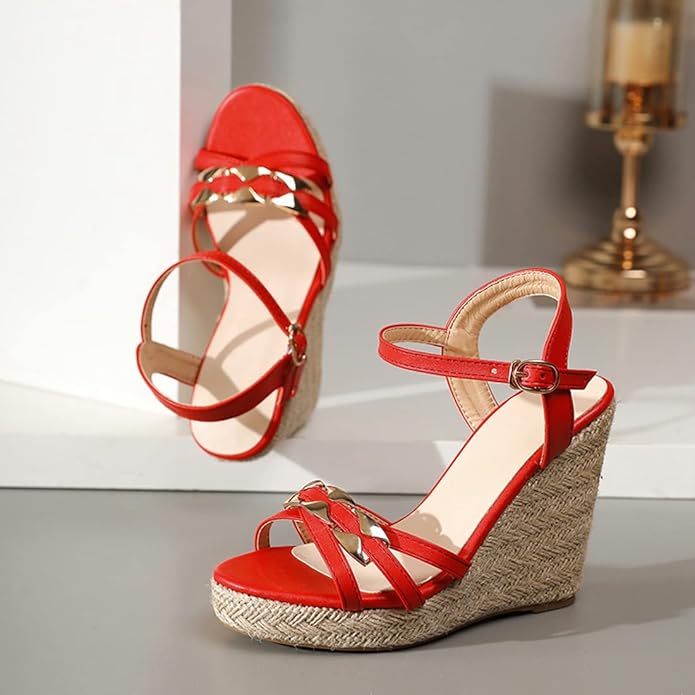 VOKLIN Women's Casual Espadrilles Wedge Sandals Open Toe Ankle Strap Metallic Chunky Platform Dressy Sandal