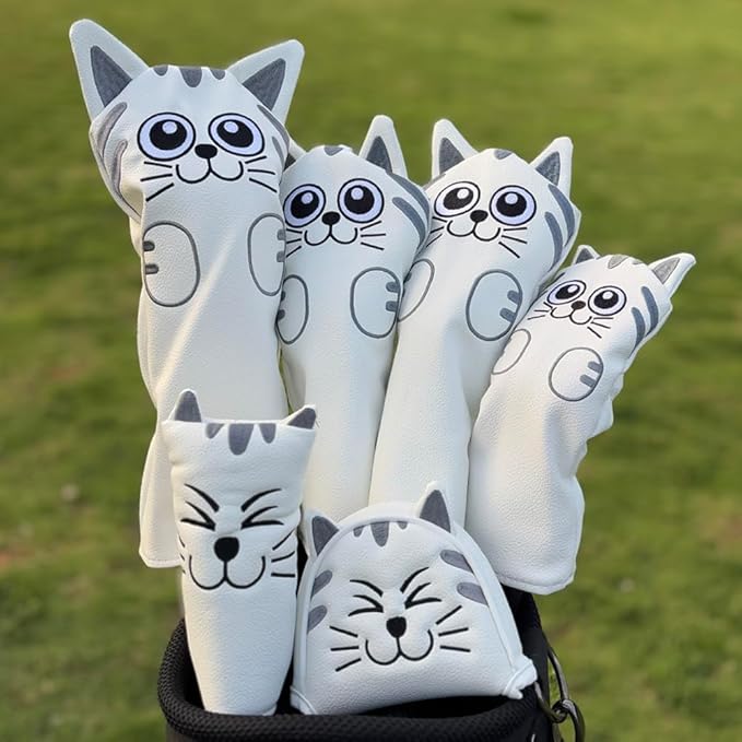 Golf Kitty Head Cover Golf Club White Leather Headcovers 1pc/4pcs Set Fits Driver Fairway Wood Hybrid Utility Putter Iron Wedge Headcover.