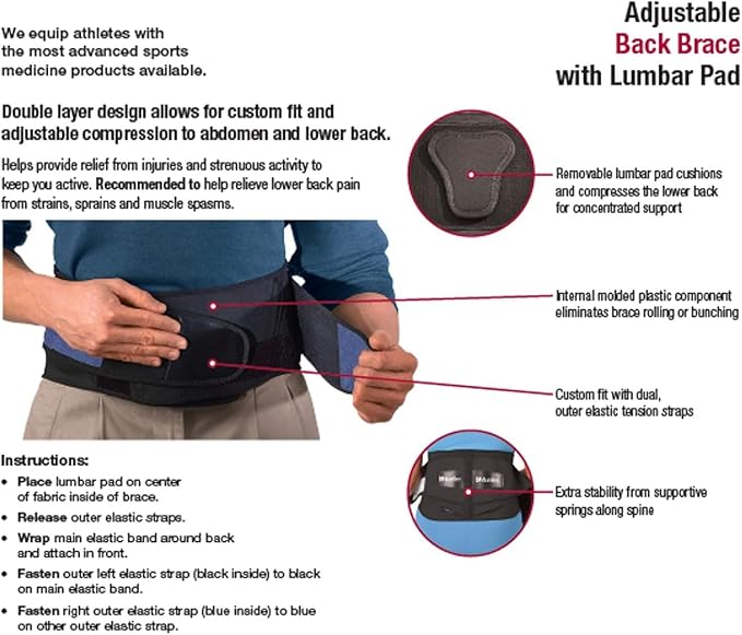 MUELLER Sports Medicine Adjustable Lumbar Back Brace with Removable Pad, Back Pain Relief Support for Men and Women, Ideal for Upper and Lower Back Pain, Sciatica, Scoliosis, Black, Plus Size