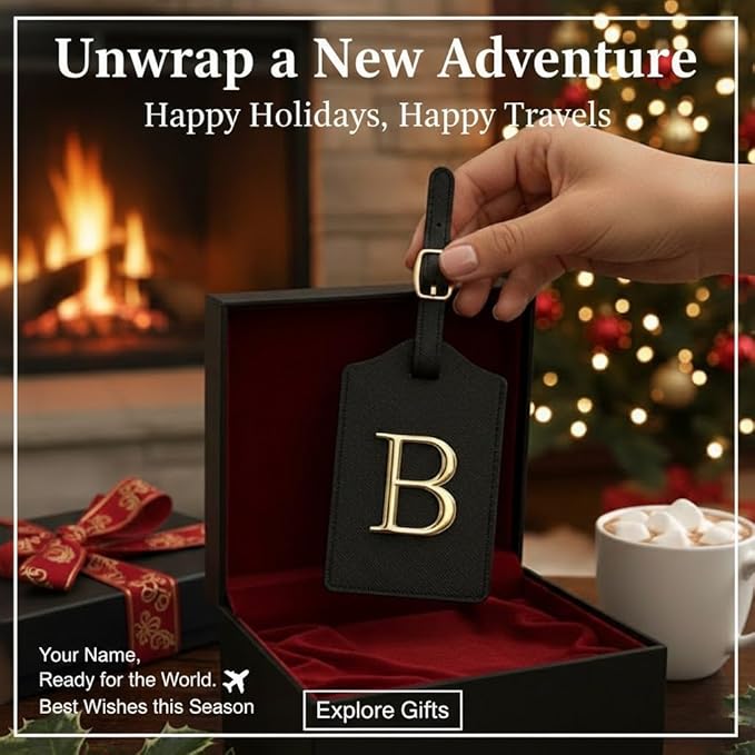 Personalized Initial Letter Luggage Tag for Suitcases PU Leather Baggage ID Tag with Metal Alphabet,Travel Accessory for Backpacks, Bags and Gift for Travelers (Black/Gold-Letter, B)