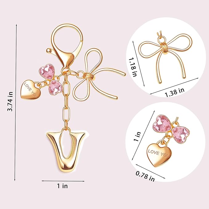 Gold Bubble Initial Keychain with Bow Decoration Bag Charms for Women, Cute Purse Handbag Accessories Gift