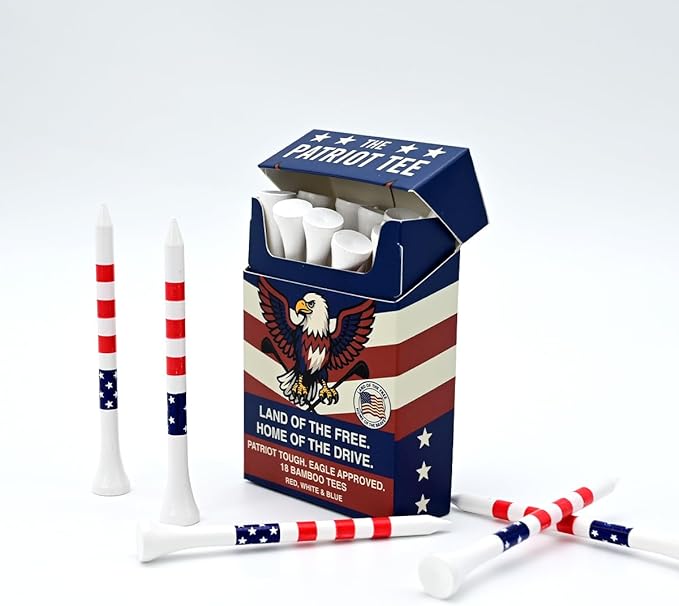 TeeTime. Patriot Golf Tees 18 Premium Bamboo Golf Tees (83mm) – Red, White & Blue American Flag Themed – Durable, Eco-Friendly Novelty Golf Tees – USA Eagle Packaging