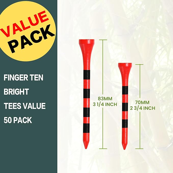 FINGER TEN Golf Tees Wood 3 1/4 2 3/4 Inch Value 50/120 Count, Durable Tees with Bright Colored Stripes for Consistent Height, 70mm 83mm Long Tees Ideal for Golfers