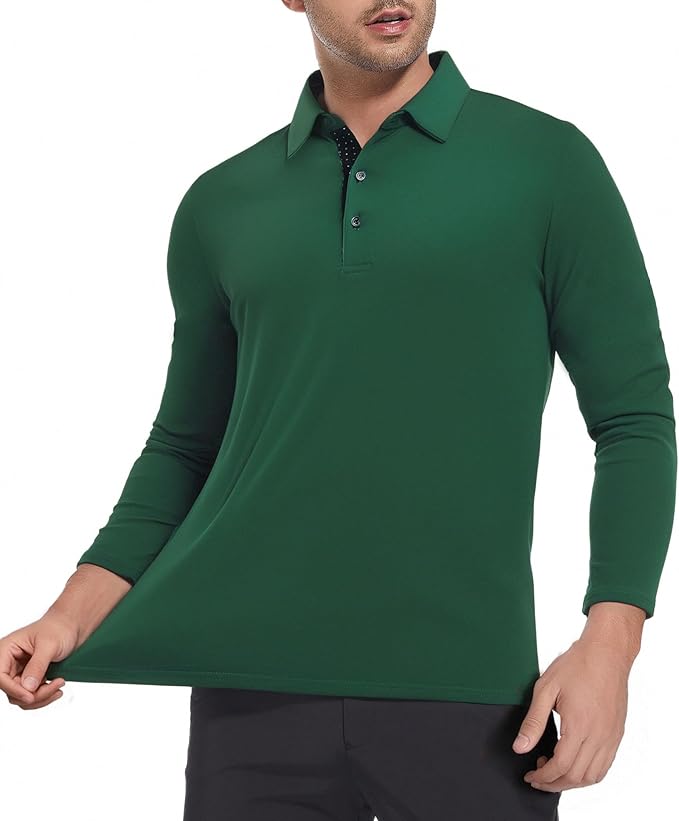 Alex Vando Mens Golf Shirt Moisture Wicking Quick-Dry Solid Long Sleeve Polo Shirts for Men