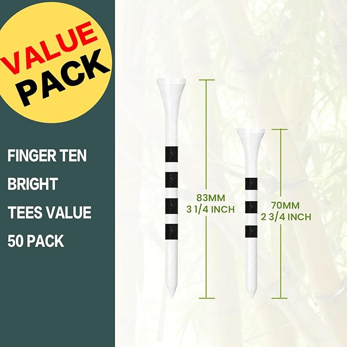FINGER TEN Golf Tees Wood 3 1/4 2 3/4 Inch Value 50/120 Count, Durable Tees with Bright Colored Stripes for Consistent Height, 70mm 83mm Long Tees Ideal for Golfers