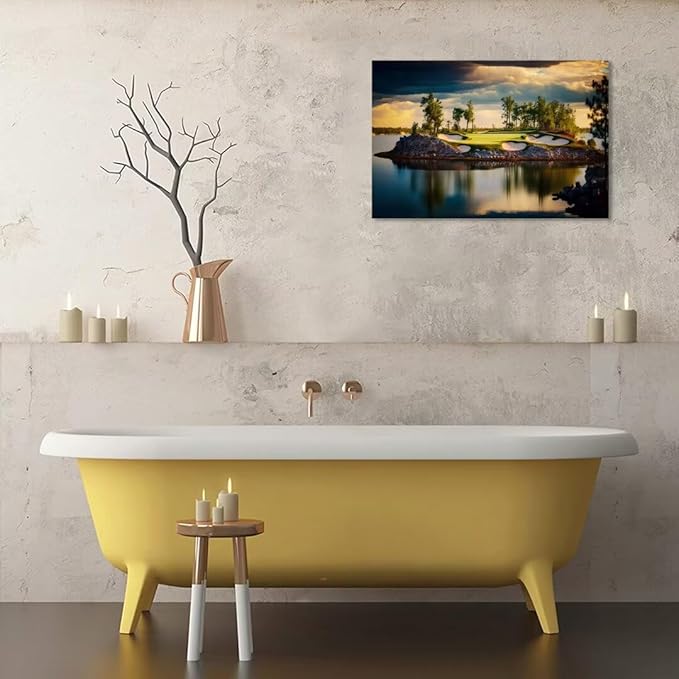 chenchenArt Sunset Landscape Golf Course Wall Art Picture Golf Course Wall Decor for Living Room Bedroom Bathroom Home Decorations Canvas Prints Framed Ready to Hang(18''H x 24''W)