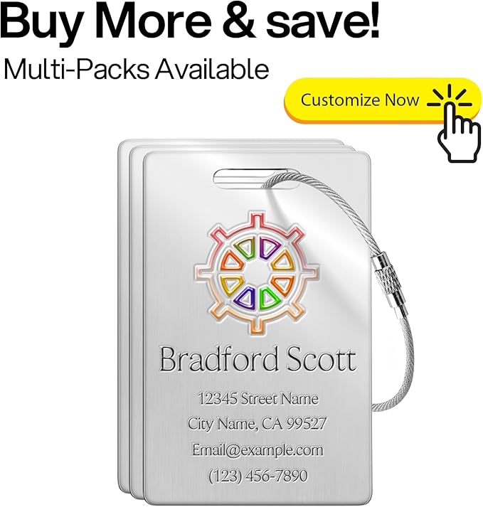 Personalized Luggage Tags - Custom Metal Luggage Tags for Suitcases, Backpacks and Bags with Your Personalized Club Logo Text (Silver)