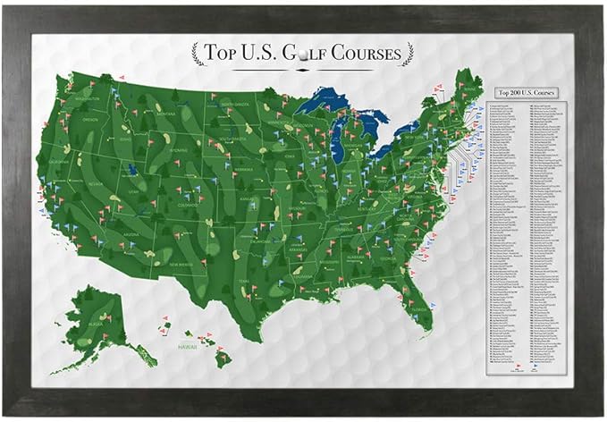 Push Pin Travel Maps Customizable Wall Art - Top Golf Courses USA Map - Rustic Black - Framed Pin Map, Includes 150 Pins - Handcrafted in USA - 27.5" x 39.5"