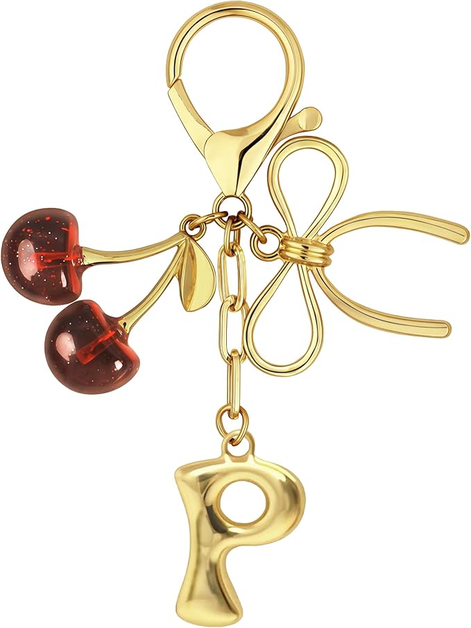 Gold Bubble Heart, Cherry, Bow & More Designs Letter Initial Keychain Bag Charms – Cute Purse Charms for Handbags