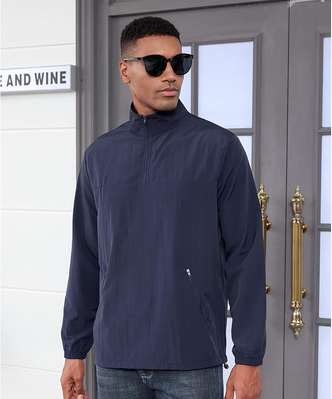 Aulemen Men's Casual Quarter Zip Pullover Golf Windbreakers Athletic Lightweight Jacket Hiking Running Sweatshirt with Pocket