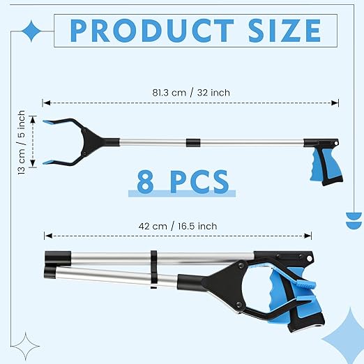 Ctosree 8 Pack 32" Trash Grabber Reacher Tool for Elderly, Foldable Litter Picker Upper, Lightweight Trash Pick up Stick, Long Handy Mobility Aids for Home Garden Arm Extension(Blue)