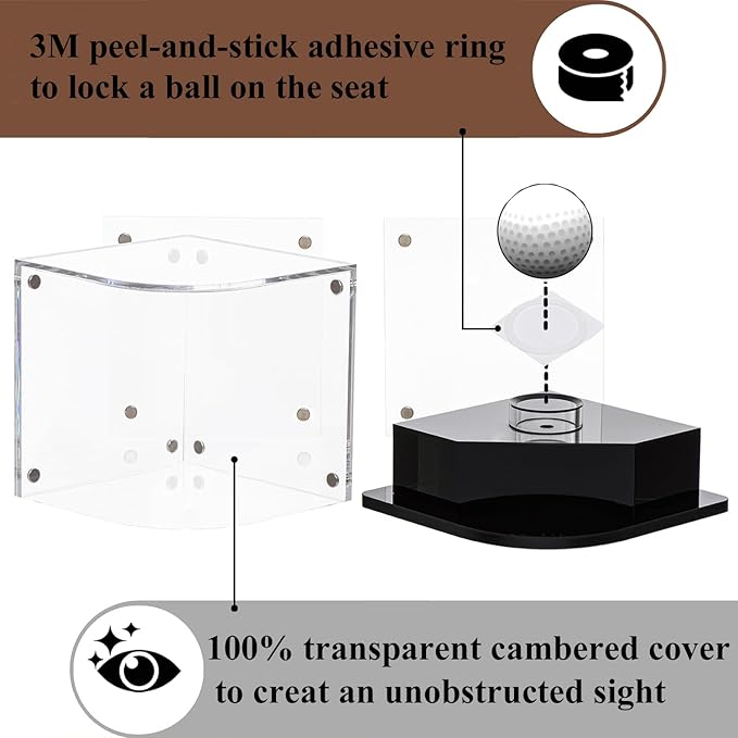 Golf Ball Display Case for Golfer w/ Golden Marker. Black Ball Throne with Golden Stamp. 2X Background Frames on Each Side of Cambered Cover. Pencil Holder, Adhesive Dots are All Included, No Assembly