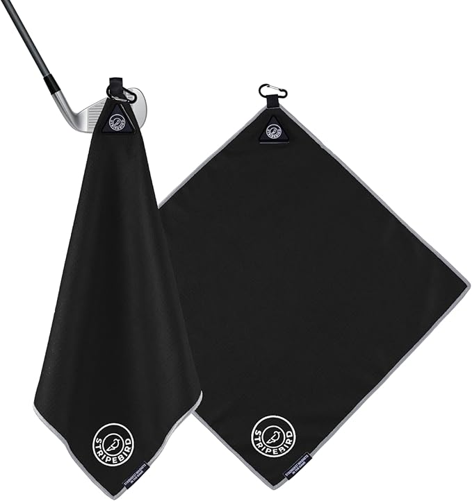 Stripebird - Magnetic Golf Towel (Black) - Microfiber Golf Towel with Built-in Ultra-Strong Neodymium Magnetic Towel - 18" x 18" Golf Bag Towel