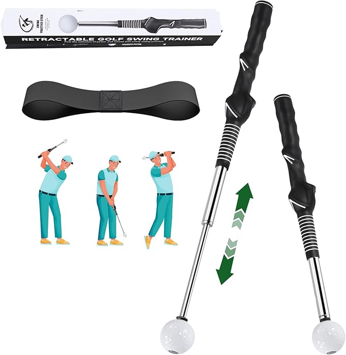 Retractable Golf Swing Trainer - Golf Swing Training Aid with Arm Band,Golf Grip Trainer ＆ Practice Gifts ＆ Swing Tempo Click Stick Right-Handed Training Aid for All Golfers,Indoor & Outdoor Use