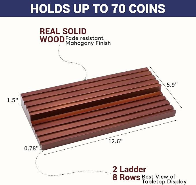 PiaoHao Solid Wood Challenge Coin Display Stand,Two-Tier Military Coins Display Holders Shelves,8 Row Wooden Army Collectible Coins Holder Case Holds 50-64 Coins