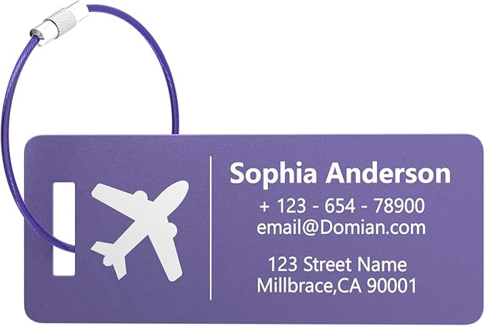 10 Personalized Metal Luggage Tags, Custom Suitcase Aluminum Name Tags with Steel Ring, Laser Engraved Name and Logo, for Travel, Backpack, Baggage, Golf Bag (Purple)