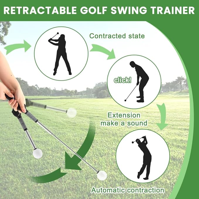 Retractable Golf Swing Training Aid, Strength & Tempo Training for Chipping Hitting, Portable Rhythm Click Sound Warm Up Golf Swing Trainer with Arm Band for Indoor Outdoor Use