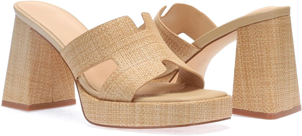 Monrovia Womens Sandals Heels for Women Slide On Block Chunky Platform High Heels Open Toe Raffia Wedge Sandals