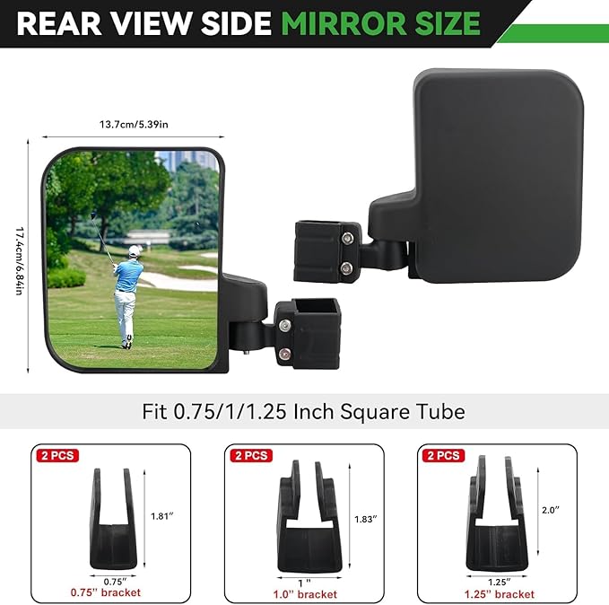 Golf Cart Side Mirrors for EZGO Club Car Yamaha, No Drilling HD-Shatterproof Golf Cart Mirrors Side View with Blind Spot Mirrors & 3 Size Clips (Fit 0.75-1.25in Square Rails)