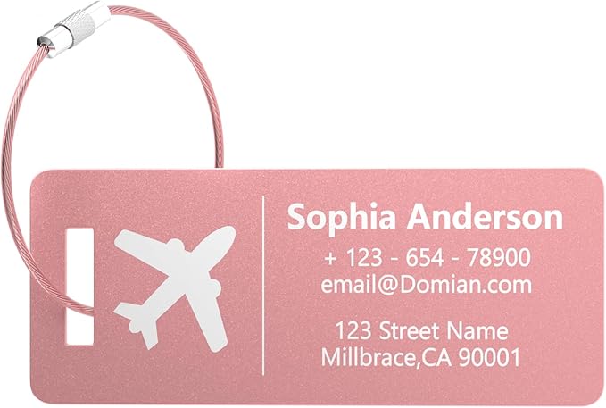 10 Personalized Metal Luggage Tags, Custom Suitcase Aluminum Name Tags with Steel Ring, Laser Engraved Name and Logo, for Travel, Backpack, Baggage, Golf Bag (Pink)