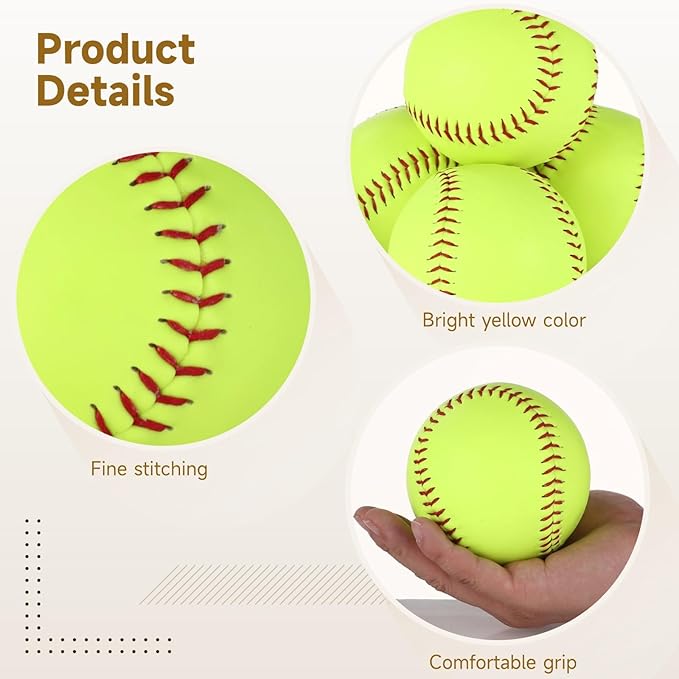 12 Pack Softballs 12 Inch, Softball Practice Balls, Soft Cork Core, Fluorescent Yellow PVC Official Size & Weight Slowpitch Softballs for Training, Games, Practice