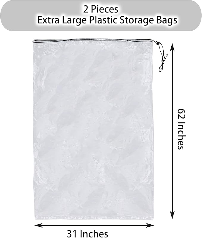 2 Pack Golf Bag Cover, 31x62 inches Extra Large Clear Drawstring Dust Covers Plastic Storage Bags, Good for Household Organizing Reusable