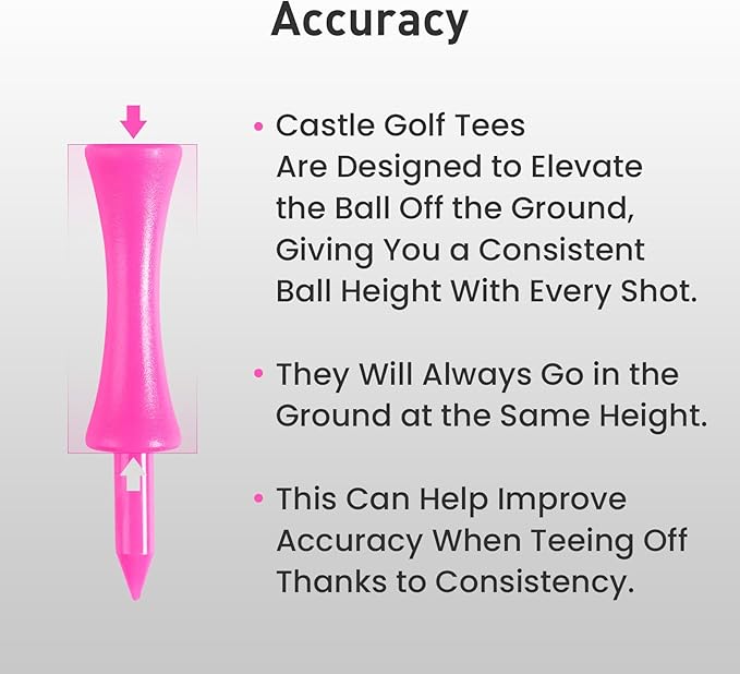 FINGER TEN Golf Castle Tees Plastic 2 1/4 Inch with Stopper for Consistent Height Value 50 Pack, Short Durable Tee for Par 3 Holes in Orange Purple Pink for Men Women