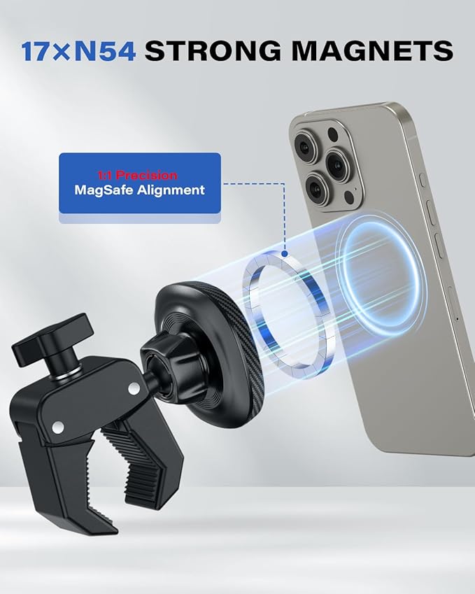 OQTIQ Phone Holder for Peloton Exercise Bike, Heavy-Duty Clamp & 17 N54 Strong Magnetic Phone Mount for Treadmill, Spin Bike, Golf Push Cart, Stroller, Fit for MagSafe iPhone 12-17 Series