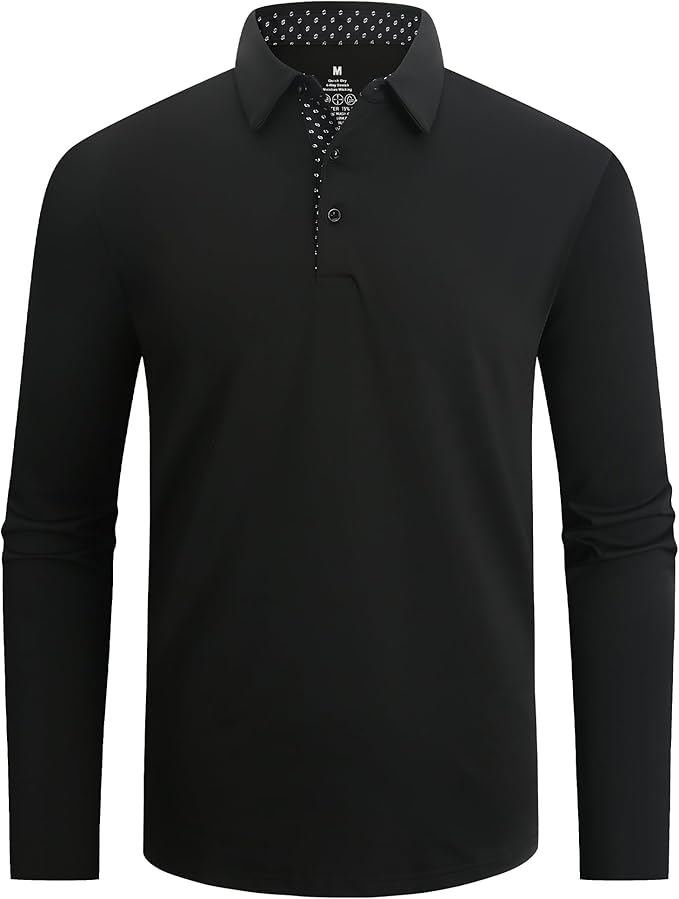 Alex Vando Mens Golf Shirt Moisture Wicking Quick-Dry Solid Long Sleeve Polo Shirts for Men