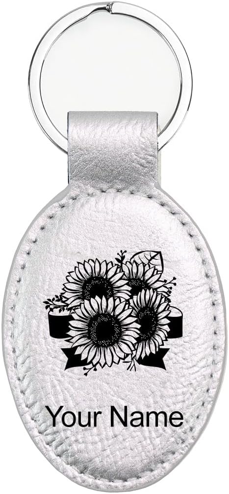 LaserGram Oval Keychain, Sunflowers, Personalized Engraving Included