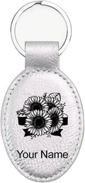LaserGram Oval Keychain, Sunflowers, Personalized Engraving Included