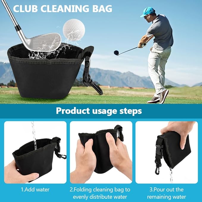 Golf Club and Golf Ball Cleaning Bag - Cleans Club Grooves, Portable Waterproof Clean Face Tech, Detachable Clip, Quick Dirt & Grass Removal, for Golfers