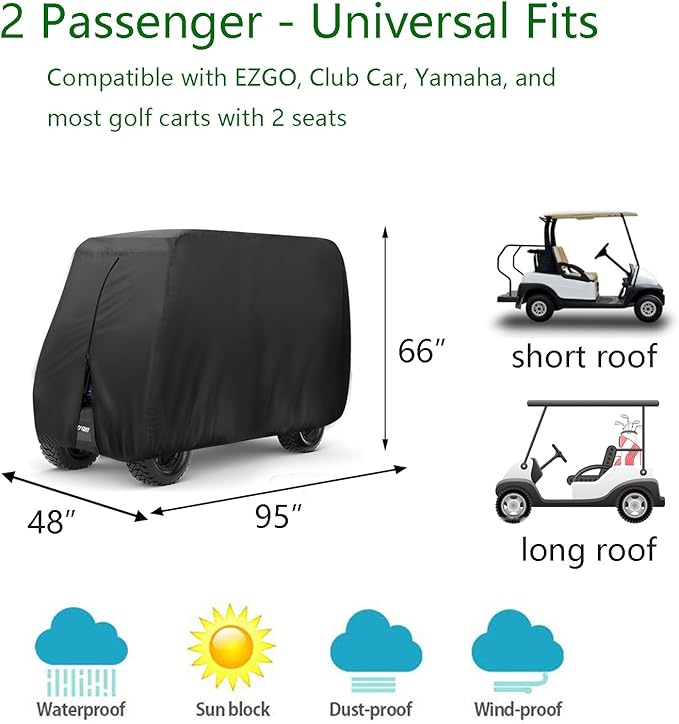 FLYMEI Golf Cart Cover Waterproof, 420D Fabric Universal Fits for Most Brand 2/2+2/4/4+2 Passengers Yamaha, Honda, Club Car, EZGO Golf Cart