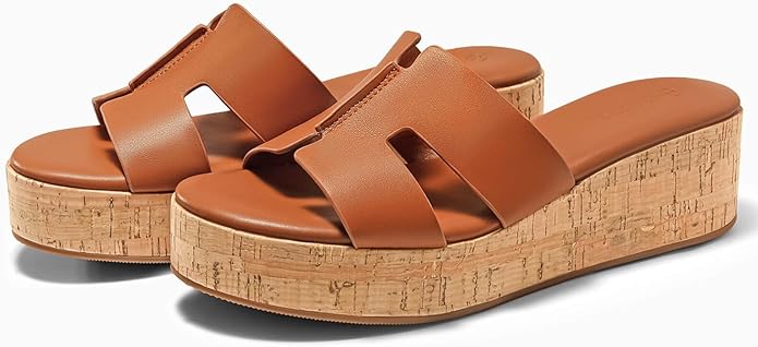 Coutgo Women's Platform Wedge Sandals Open Toe Slip On Slides Cork Heeled Cutout Comfortable Summer Shoes