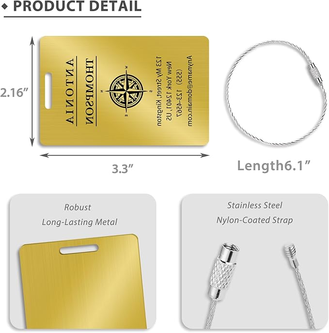 Custom Stainless Steel Luggage Tags (2 Pack) - Personalized Laser Engraved Luggage Tag, Waterproof Durable, for Bags, Backpack Travel, Suitcases (Gold)