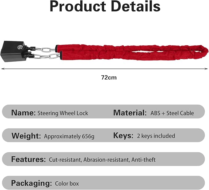 Universal Cars Steering Wheel Lock, Seat Belt Lock, Club Steering Wheel Lock, Lightweight & Portable, Car Security Anti-Theft Device Fits Most Vehicles, SUVs, Golf Carts, Includes 2 Keys (Red)