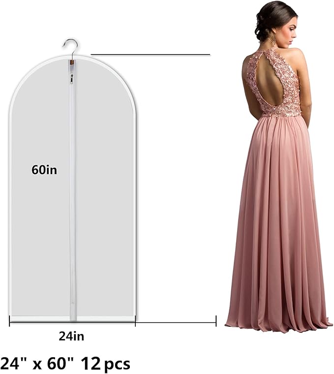 6 Pack Long Garment Bags (24x60") - Dustproof Gown Covers - Durable PEVA Hanging Bags with Sturdy Zipper for Maxi Dresses, Long Coats & Dance Costumes (Translucent)