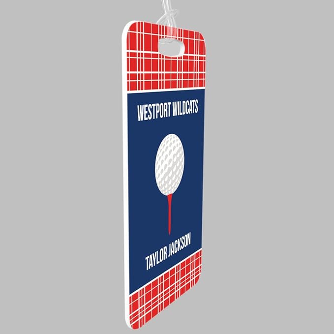 ChalkTalkSPORTS Golf Luggage & Bag Tag | Personalized Team with Golf Ball | Standard Lines on Back | Large | RED/Navy