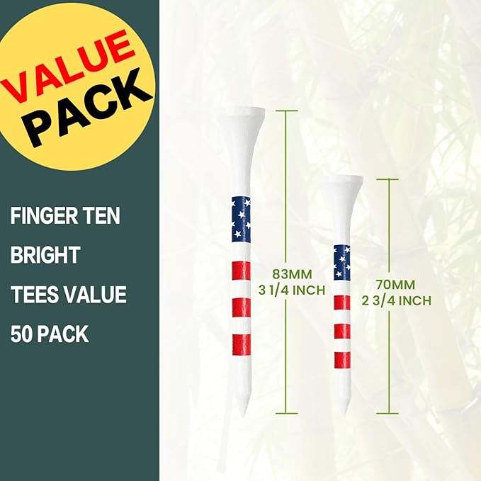 FINGER TEN Golf Tees Wood 3 1/4 2 3/4 Inch Value 50/120 Count, Durable Tees with Bright Colored Stripes for Consistent Height, 70mm 83mm Long Tees Ideal for Golfers