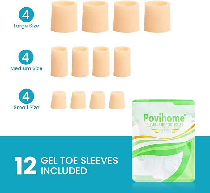 Povihome Toe Sleeves, Toe Protectors, 12 Pack Toe Tube Pads for Hammer Toe,Stubbed Toe,Corns, Calluses Protect (3 Different Sizes, Beige)